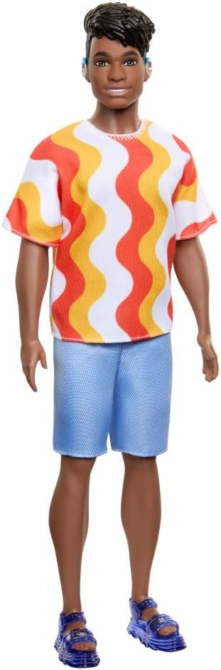 imageBarbie Fashionistas Ken Doll 220 with BehindtheEar Hearing Aids amp Broad Body Wearing a Removable Orange Patterned Shirt Shorts amp Jelly Sandals
