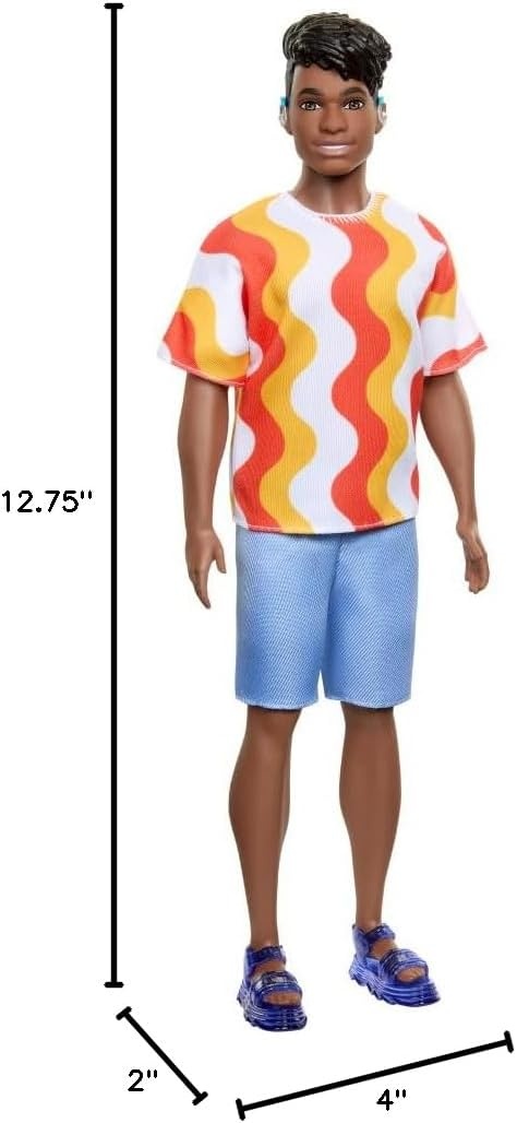 imageBarbie Fashionistas Ken Doll 220 with BehindtheEar Hearing Aids amp Broad Body Wearing a Removable Orange Patterned Shirt Shorts amp Jelly Sandals