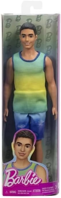 imageBarbie Fashionistas Ken Doll 236 with Black Hair Wearing Blue and Green Ombre Tank with Jean Shorts and Silver Sneakers
