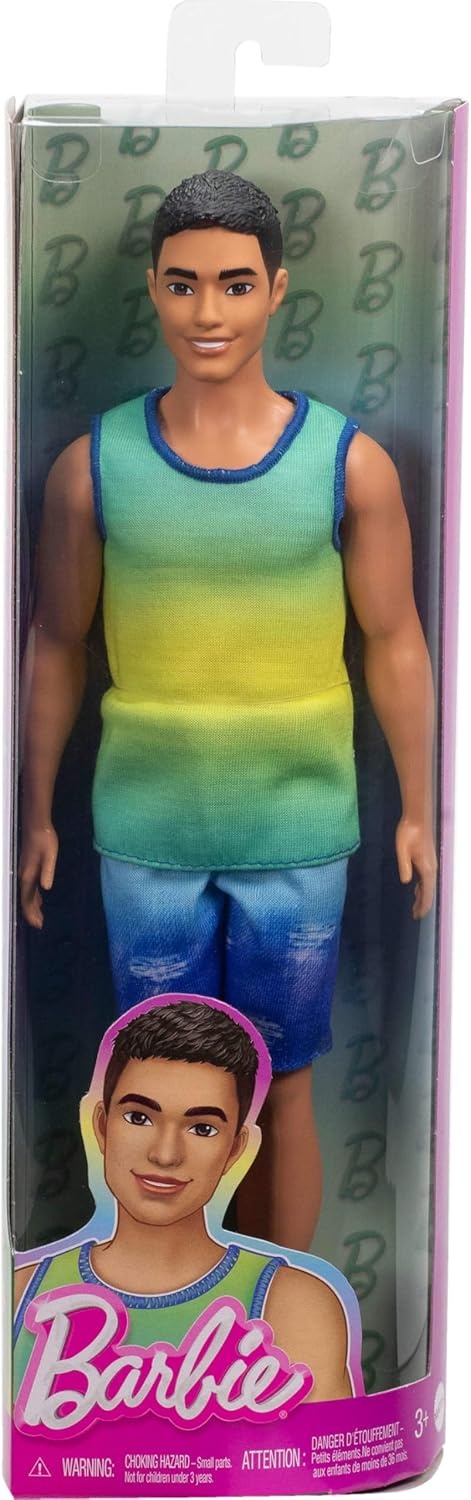 imageBarbie Fashionistas Ken Doll 236 with Black Hair Wearing Blue and Green Ombre Tank with Jean Shorts and Silver Sneakers