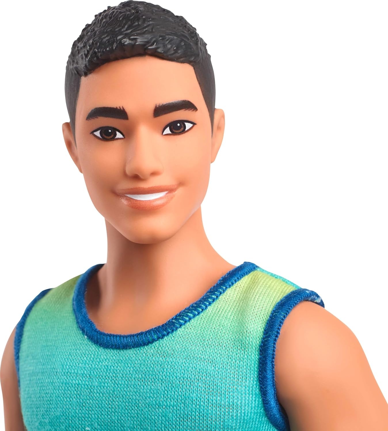 imageBarbie Fashionistas Ken Doll 236 with Black Hair Wearing Blue and Green Ombre Tank with Jean Shorts and Silver Sneakers