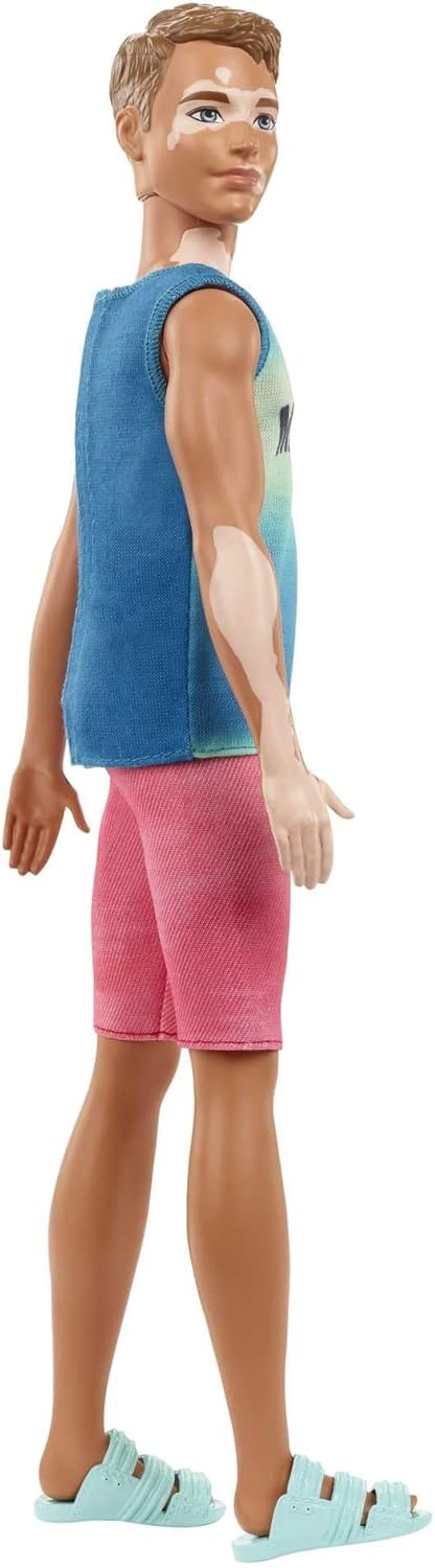 imageBarbie Fashionistas Ken Fashion Doll 192 with Brunette Cropped Hair amp Vitiligo in Malibu Tank Shorts amp Sandals