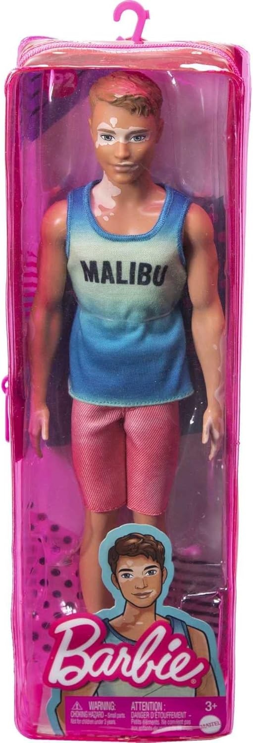 imageBarbie Fashionistas Ken Fashion Doll 192 with Brunette Cropped Hair amp Vitiligo in Malibu Tank Shorts amp Sandals