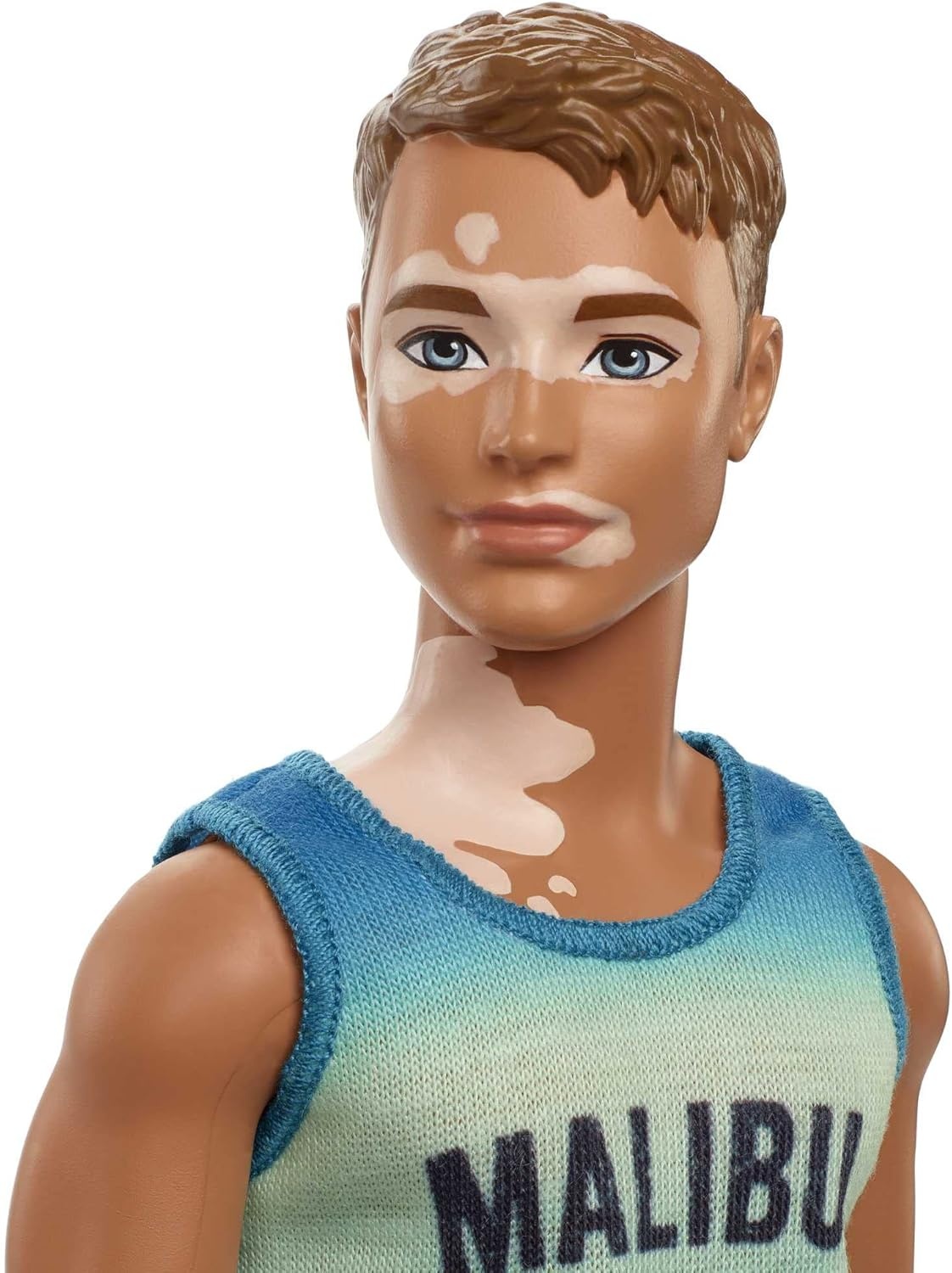 imageBarbie Fashionistas Ken Fashion Doll 192 with Brunette Cropped Hair amp Vitiligo in Malibu Tank Shorts amp Sandals