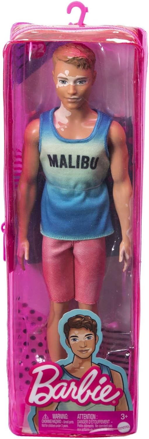 imageBarbie Fashionistas Ken Fashion Doll 192 with Brunette Cropped Hair amp Vitiligo in Malibu Tank Shorts amp Sandals
