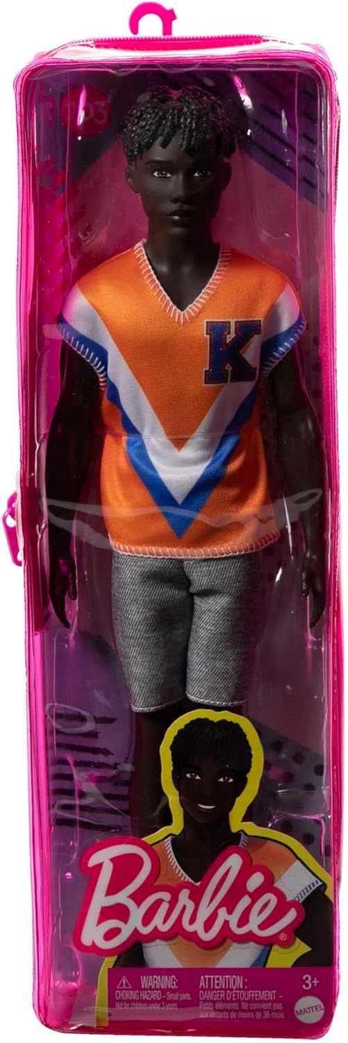 imageBarbie Fashionistas Ken Fashion Doll 203 with Twisted Black Hair Wearing Orange Athletic Jersey Shorts amp White Sneakers