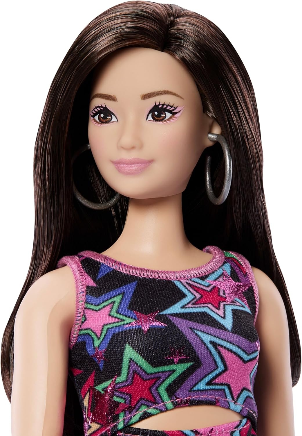 imageBarbie Fashionistas Style Doll 251 with Brown Hair Wearing MultiColor Star Print Dress Pink SneakersColorful Stars