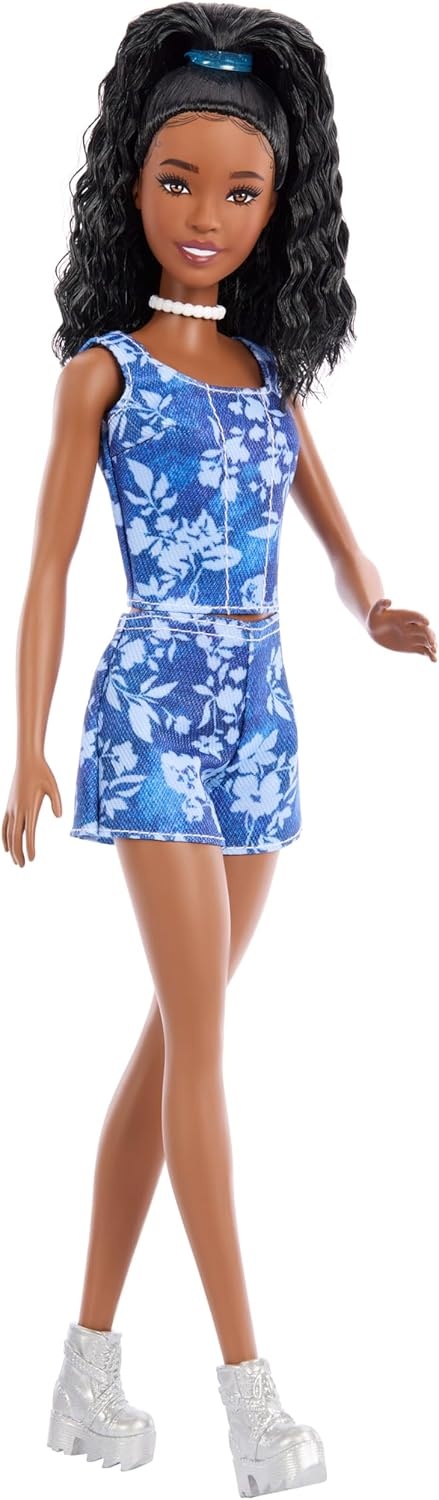 imageBarbie Fashionistas Style Doll 251 with Brown Hair Wearing MultiColor Star Print Dress Pink SneakersFloral Denim