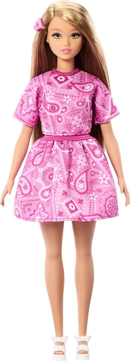 imageBarbie Fashionistas Style Doll 251 with Brown Hair Wearing MultiColor Star Print Dress Pink SneakersPink Paisley