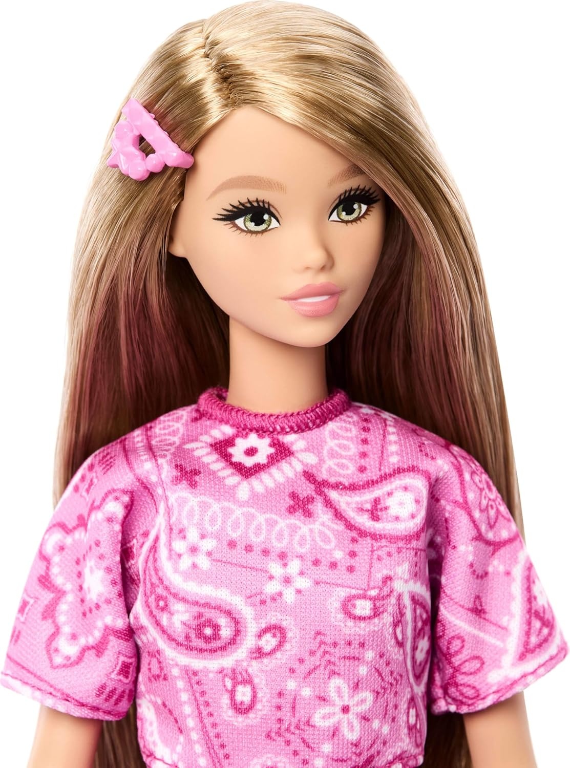 imageBarbie Fashionistas Style Doll 251 with Brown Hair Wearing MultiColor Star Print Dress Pink SneakersPink Paisley