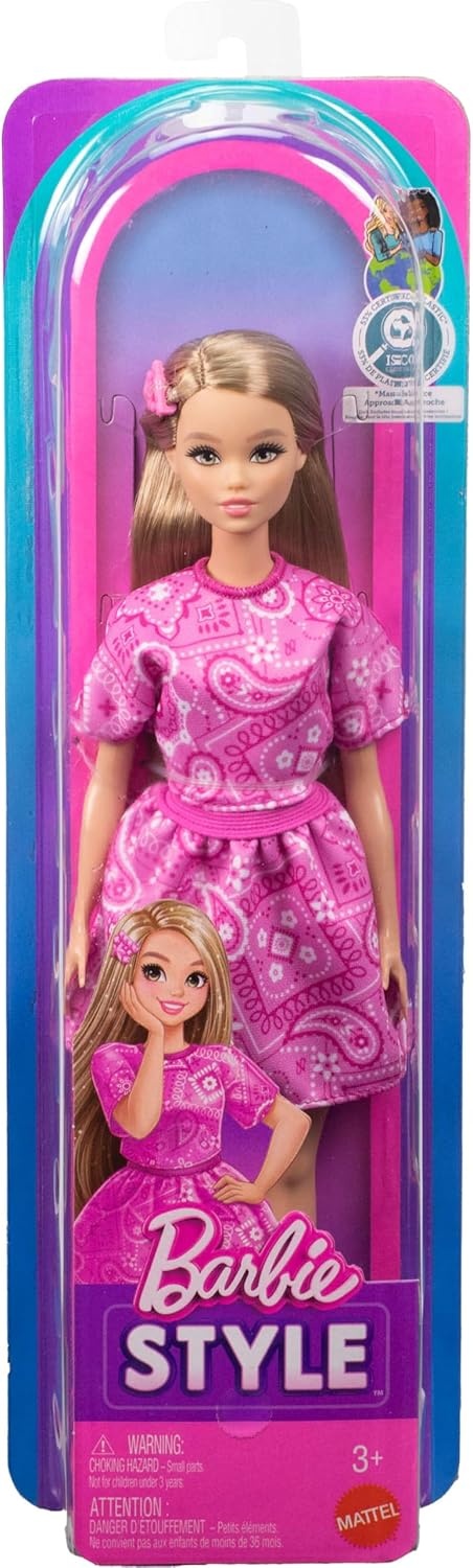 imageBarbie Fashionistas Style Doll 251 with Brown Hair Wearing MultiColor Star Print Dress Pink SneakersPink Paisley