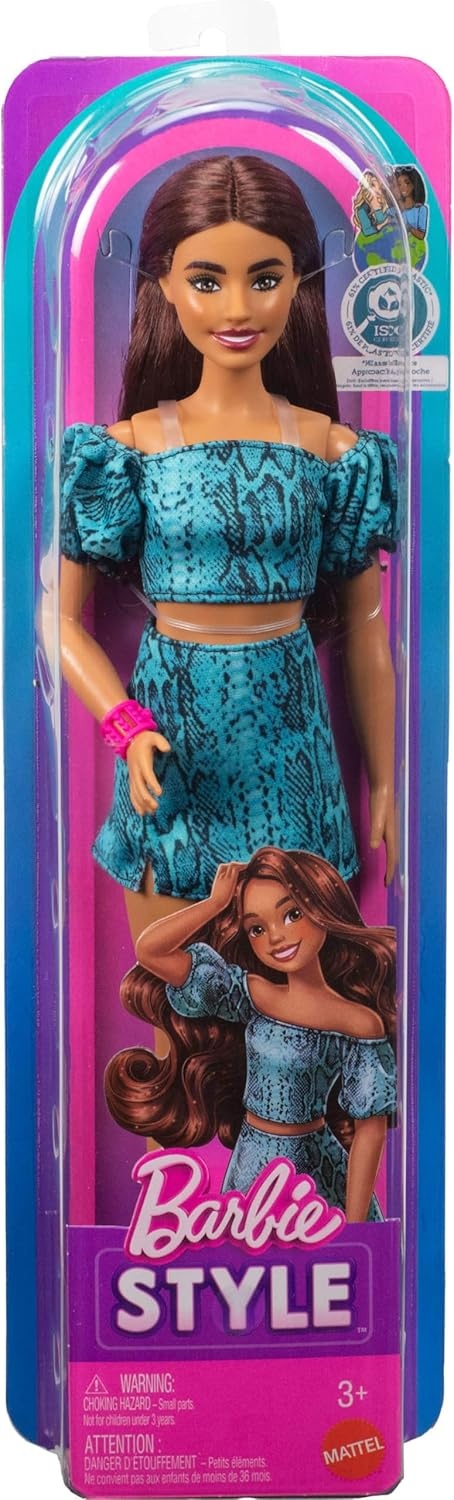 imageBarbie Fashionistas Style Doll 251 with Brown Hair Wearing MultiColor Star Print Dress Pink SneakersTeal Animal Print