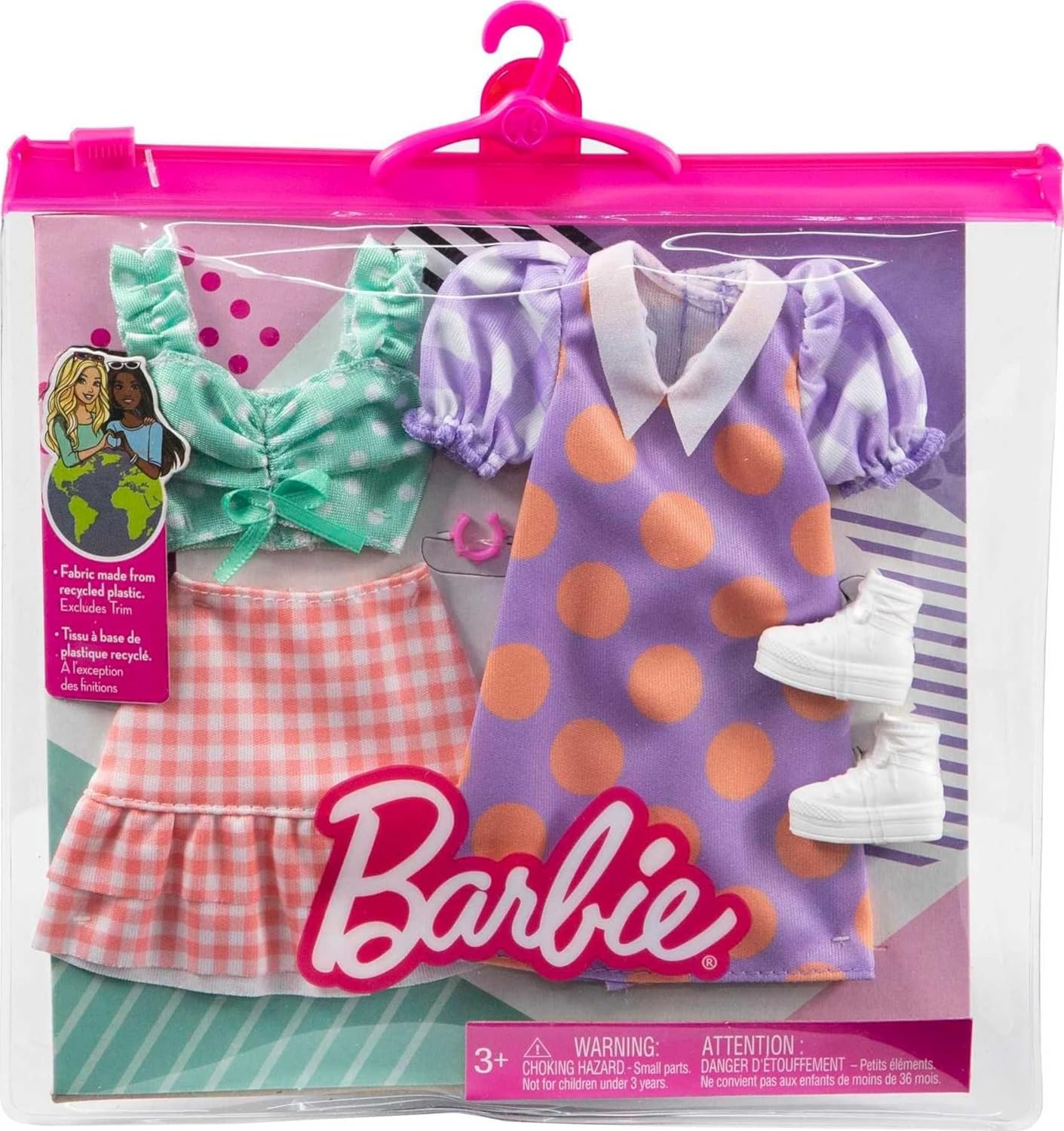 imageBarbie Fashions 2Pack Clothing Set 2 Outfits Doll Include Polka Dot Blouse amp Gingham Skirt Polka Dot Dress amp 2 Accessories