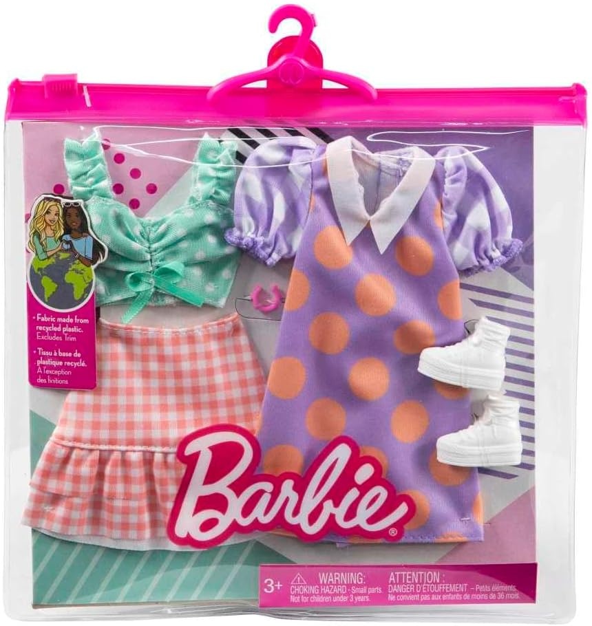 imageBarbie Fashions 2Pack Clothing Set 2 Outfits Doll Include Polka Dot Blouse amp Gingham Skirt Polka Dot Dress amp 2 Accessories