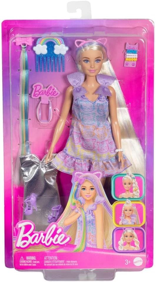 imageBarbie Fun amp Fancy Doll amp Accessories Blonde Fashion Doll with ExtraLong Hair amp 2 Looks Including Silver Metallic Dress amp Hair Extension