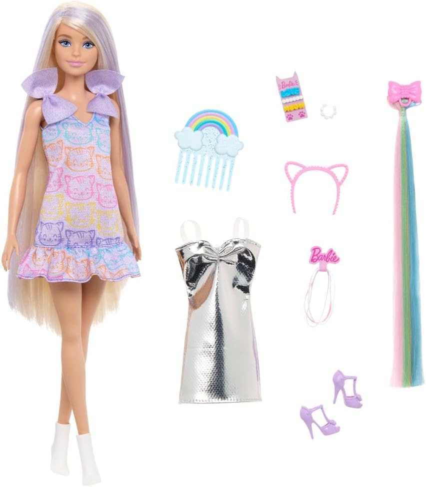 imageBarbie Fun amp Fancy Doll amp Accessories Blonde Fashion Doll with ExtraLong Hair amp 2 Looks Including Silver Metallic Dress amp Hair Extension