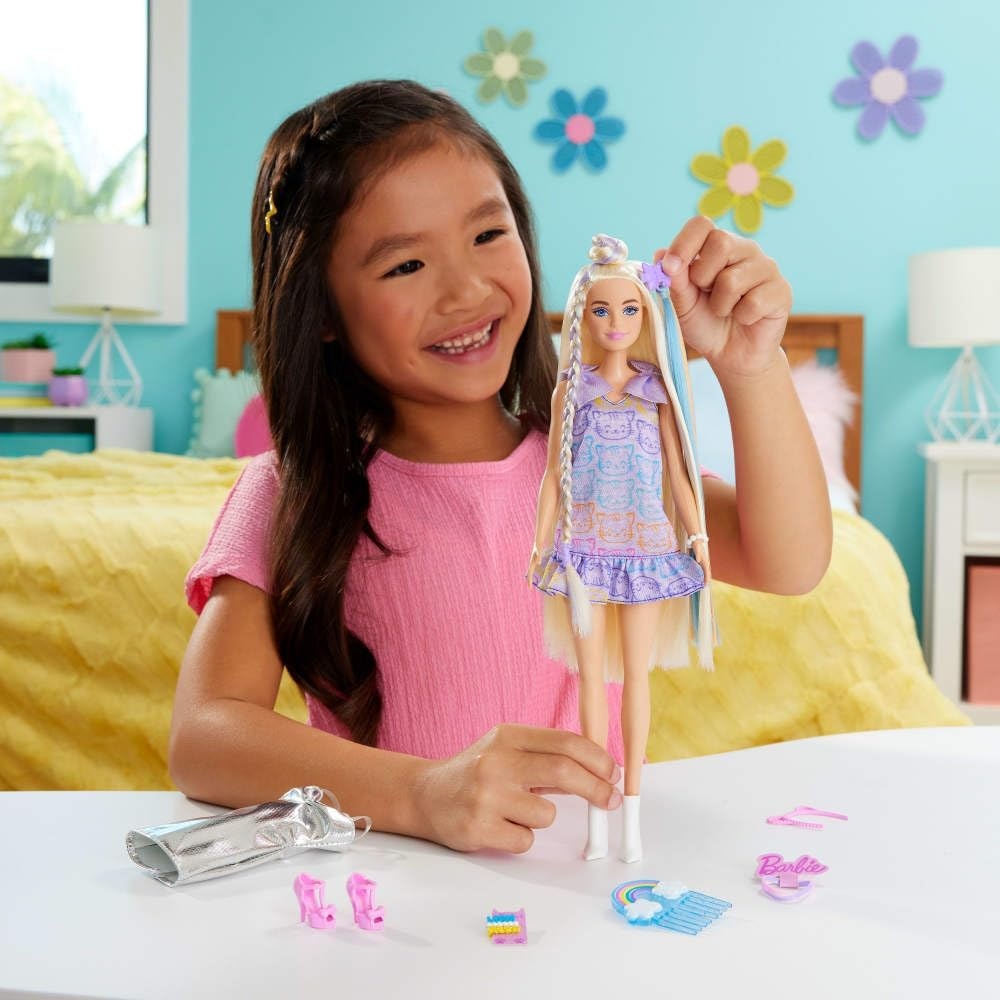 imageBarbie Fun amp Fancy Doll amp Accessories Blonde Fashion Doll with ExtraLong Hair amp 2 Looks Including Silver Metallic Dress amp Hair Extension
