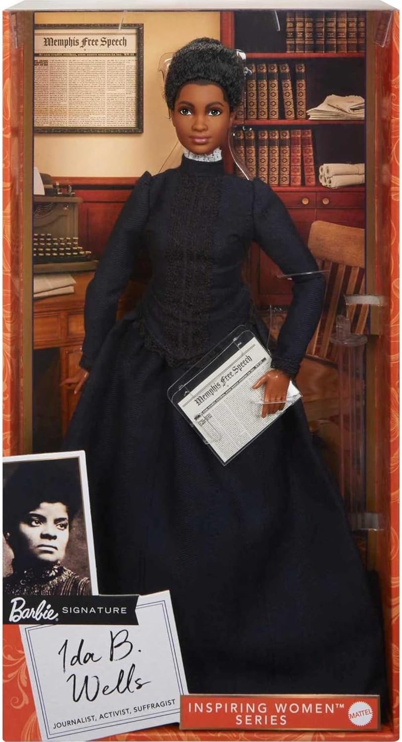 imageBarbie Inspiring Women Doll Ida B Wells Collectible with Blue Dress amp Newspaper Accessory