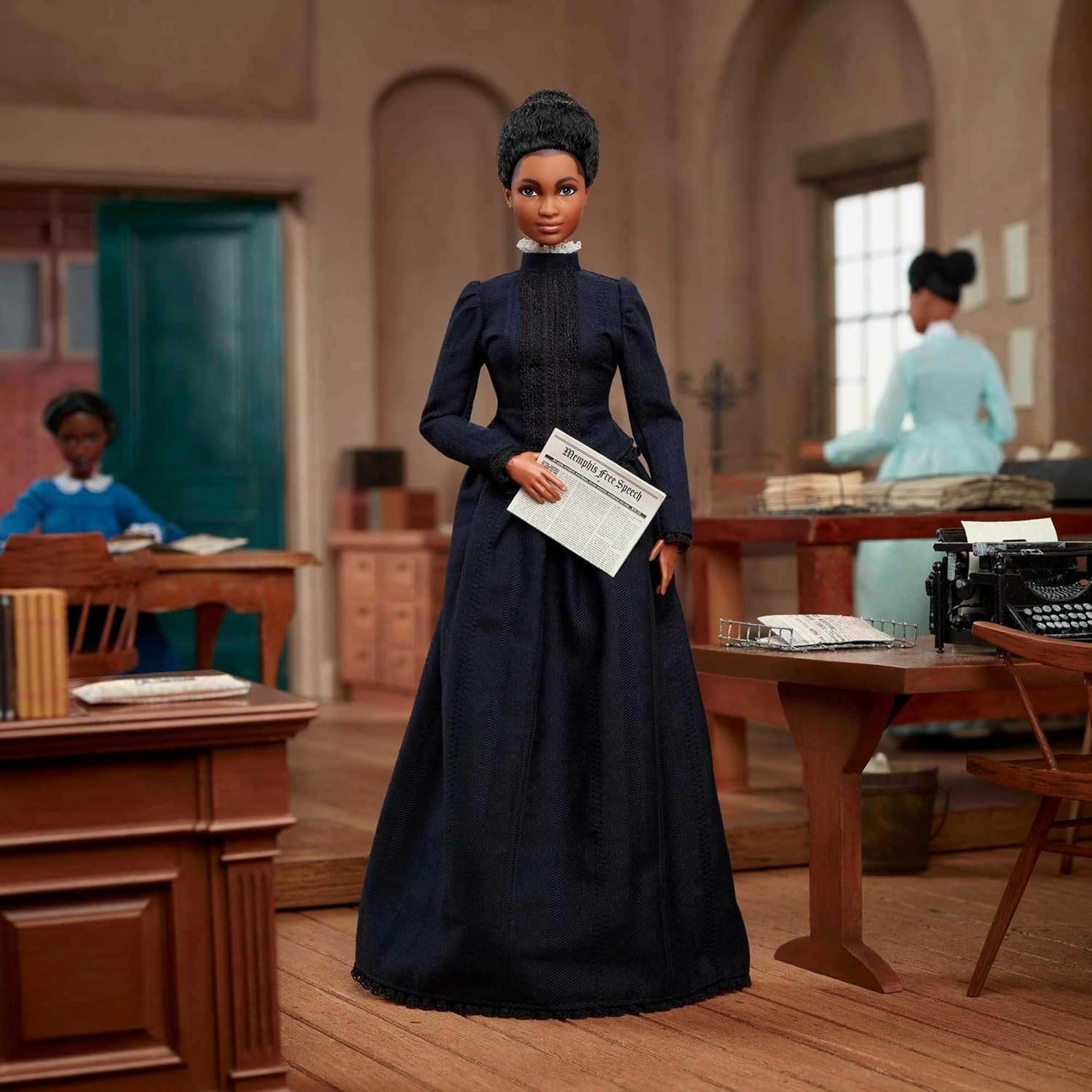 imageBarbie Inspiring Women Doll Ida B Wells Collectible with Blue Dress amp Newspaper Accessory