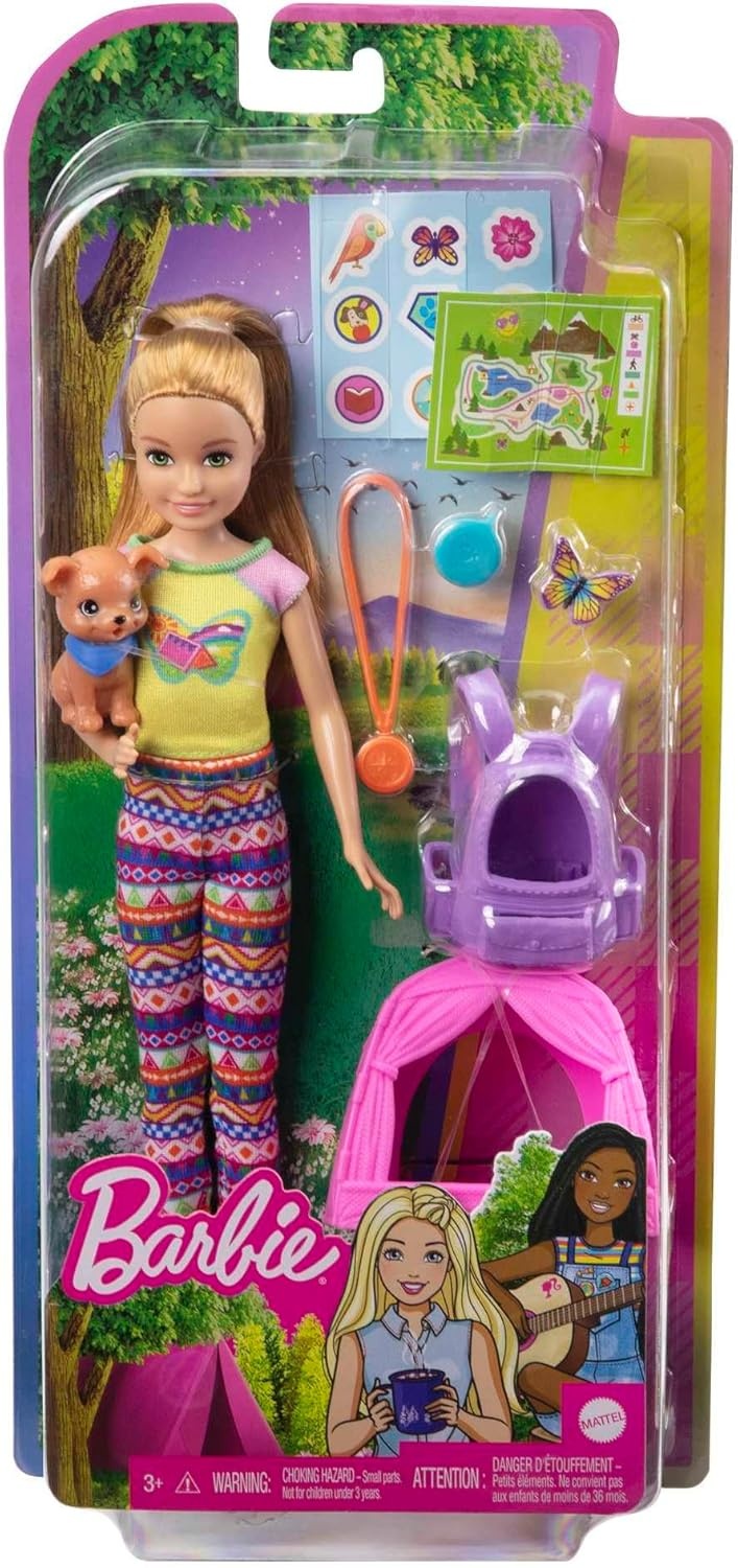 imageBarbie It Takes Two Stacie Doll amp Accessories Camping Playset with Doll Pet Tent Puppy Sticker Sheet amp AccessoriesMulti Color