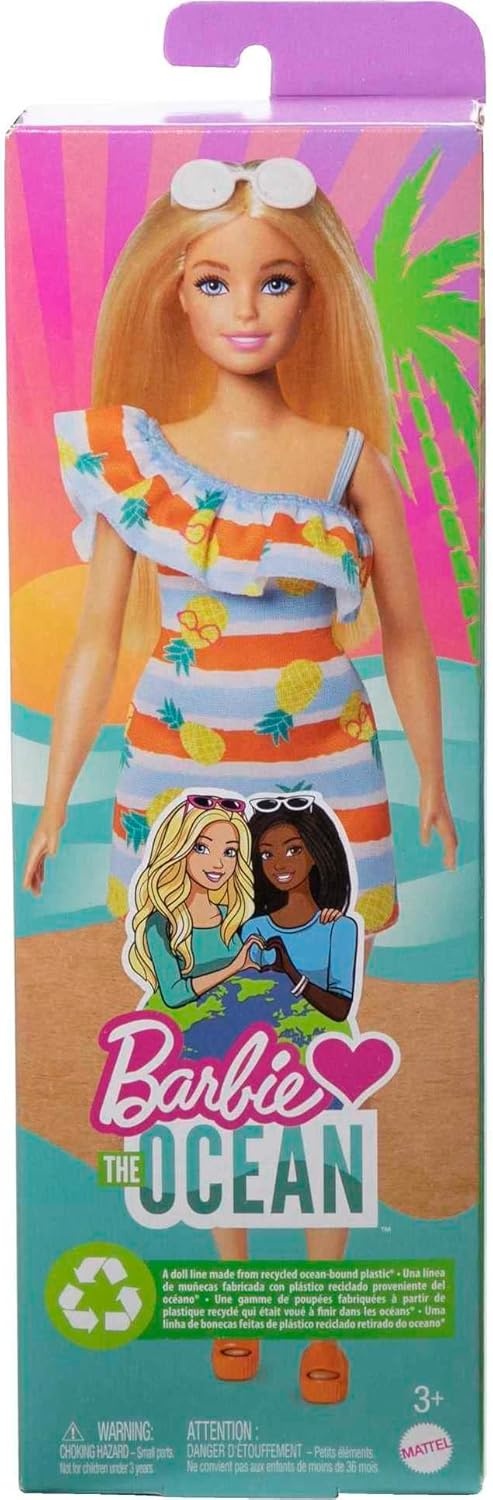 imageBarbie Loves the Ocean Doll with Natural Black Hair Wearing Pineapple Dress amp Accessories Fashion Doll amp Clothes Made from Recycled PlasticsMulticolor