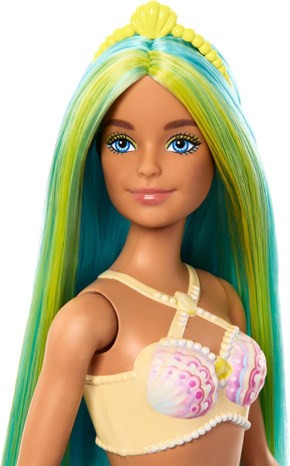 imageBarbie Mermaid Doll with TwoTone Blue amp Yellow Fantasy Hair amp Headband Accessory Toy with Shell Bodice amp Turquoise Tail