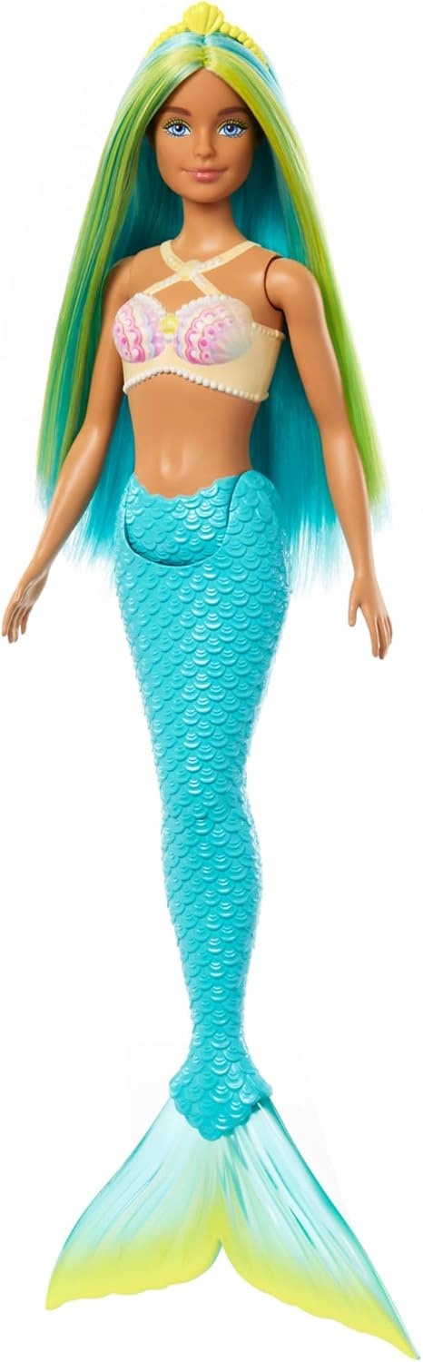 imageBarbie Mermaid Doll with TwoTone Blue amp Yellow Fantasy Hair amp Headband Accessory Toy with Shell Bodice amp Turquoise Tail