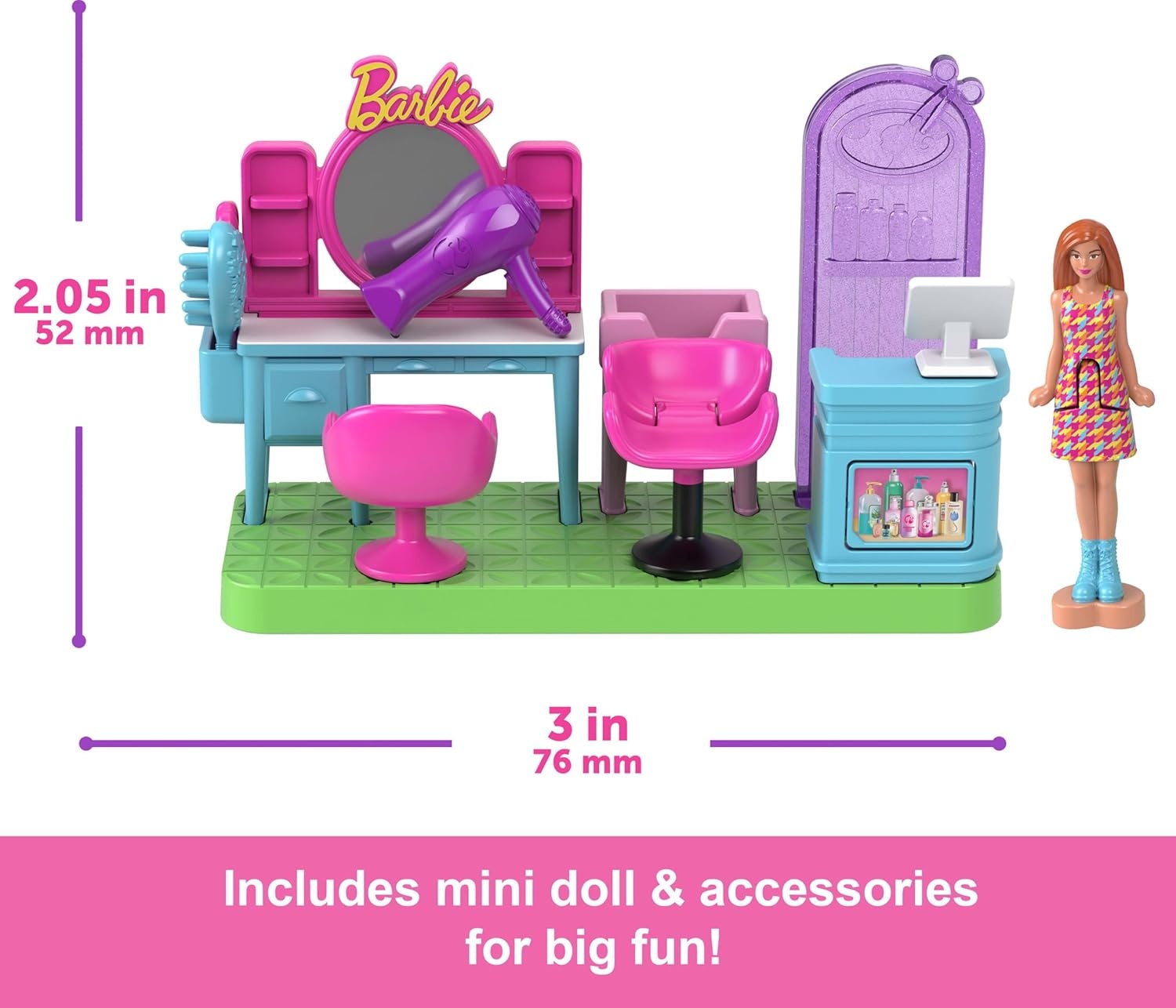 imageBarbie Mini BarbieLand Collectible Hair Salon Playset with 15Inch Doll Style Station with Mirror Shampoo Area and Reception Desk for Storytelling Play