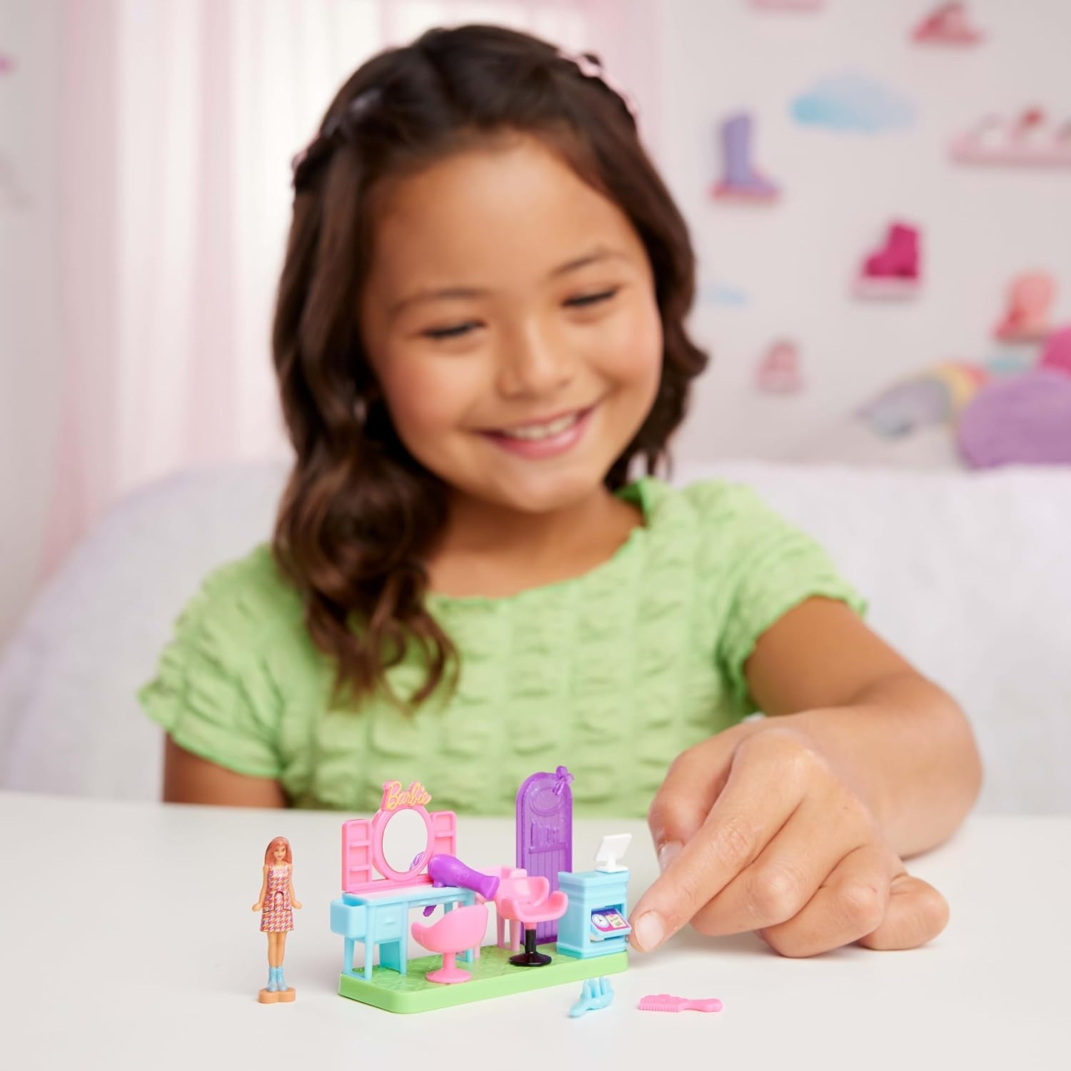 imageBarbie Mini BarbieLand Collectible Hair Salon Playset with 15Inch Doll Style Station with Mirror Shampoo Area and Reception Desk for Storytelling Play