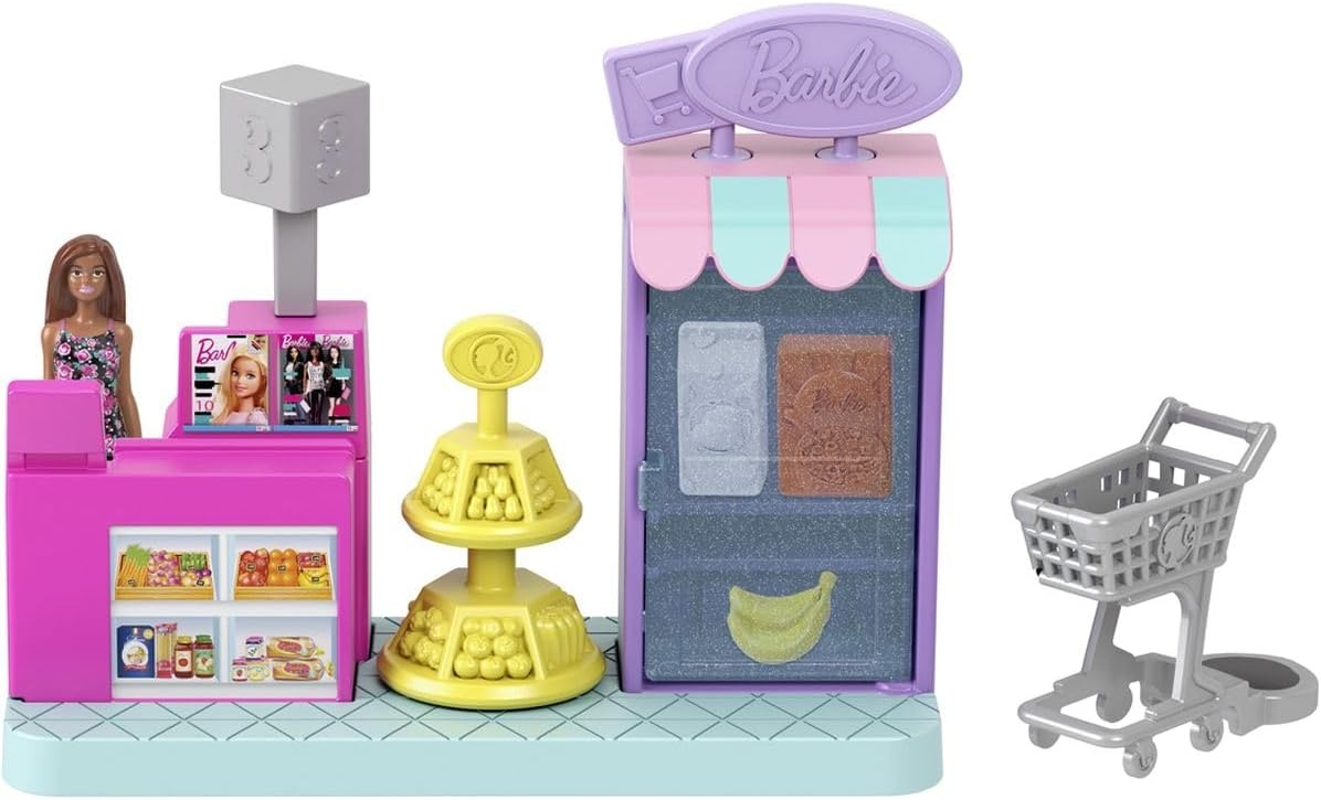 imageBarbie Mini Land DreamHouse amp 3 Playsets with 4 15Inch Dolls Doll House Furniture amp Accessories Includes Pet Boutique Hair Salon amp Supermarket