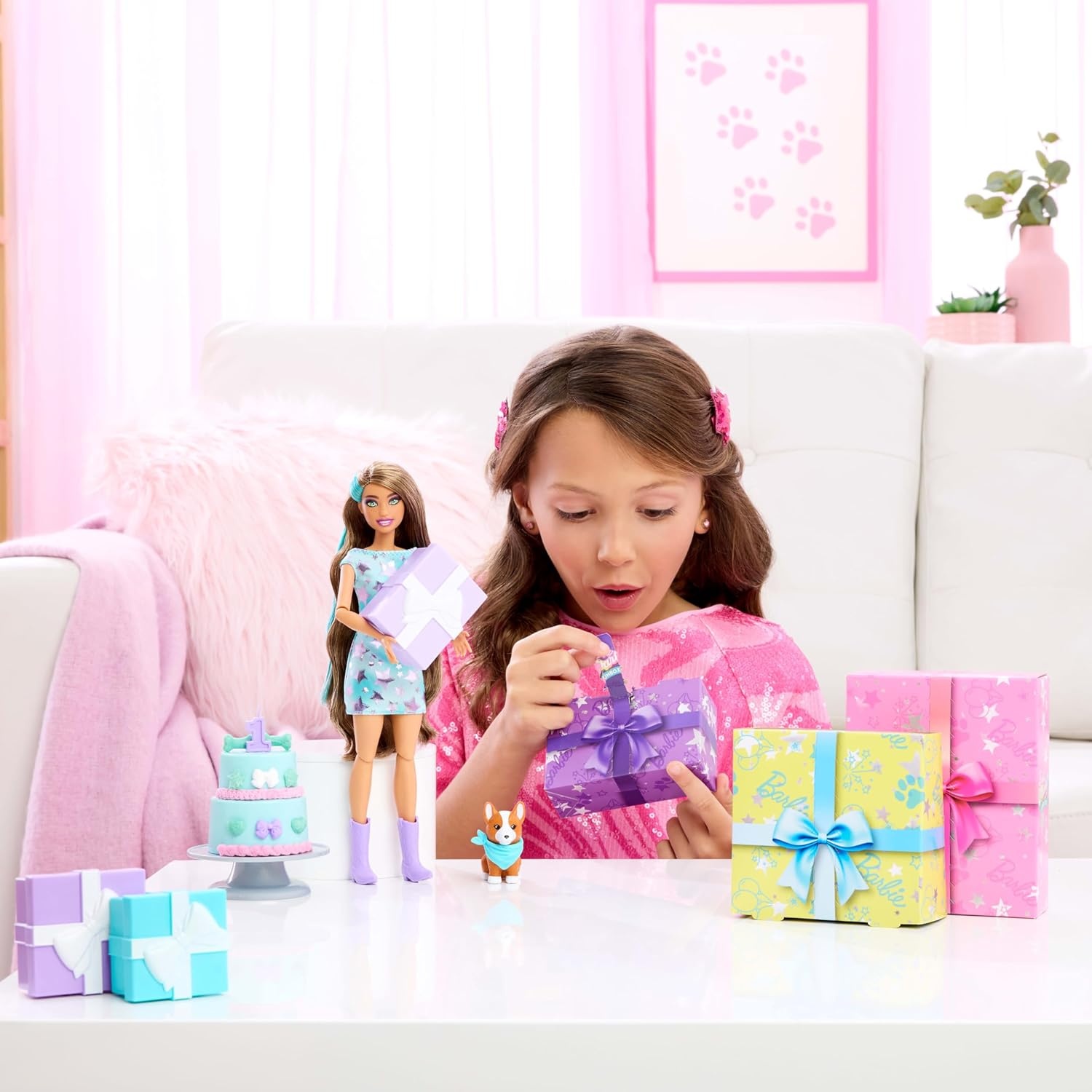 imageBarbie Party Unboxed Doll amp Accessories Pet Birthday Series Party Stars Set with 10 Surprises Including Color Change amp CakeDecorating ActivityMulticolor