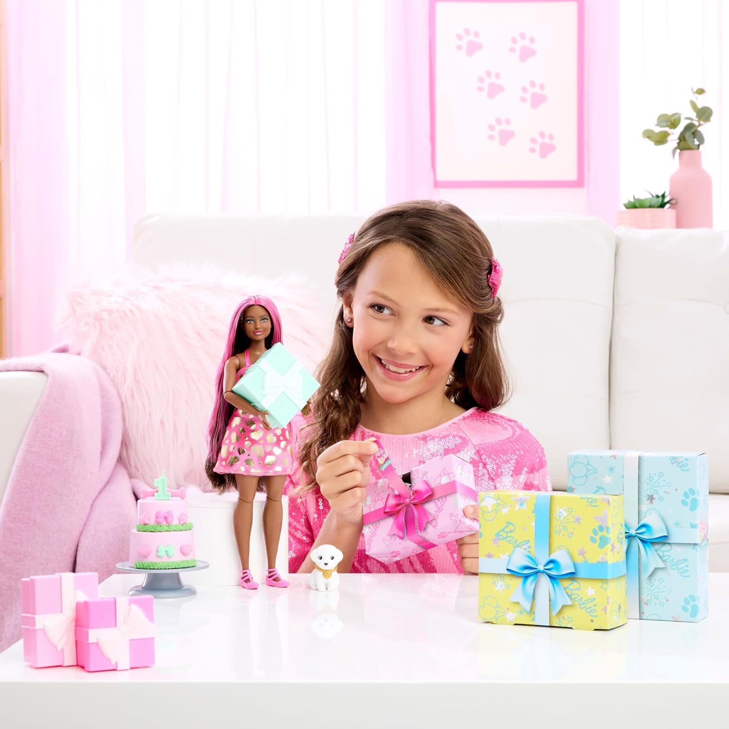 imageBarbie Party Unboxed Doll amp Accessories Pet Birthday Series Shimmerin Hearts Set with 10 Surprises Including Color Change amp CakeDecorating Activity