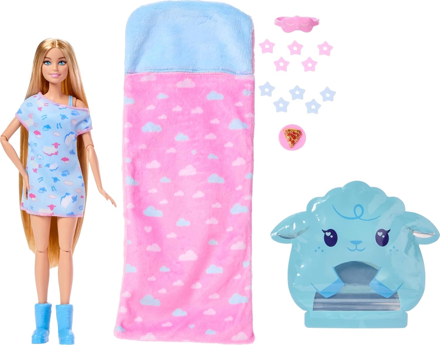 imageBarbie Party Unboxed Doll amp Accessories Sleepover Reveal Series with 7 Surprises Including GlowinTheDark Activity Blue Pajama DollBlue