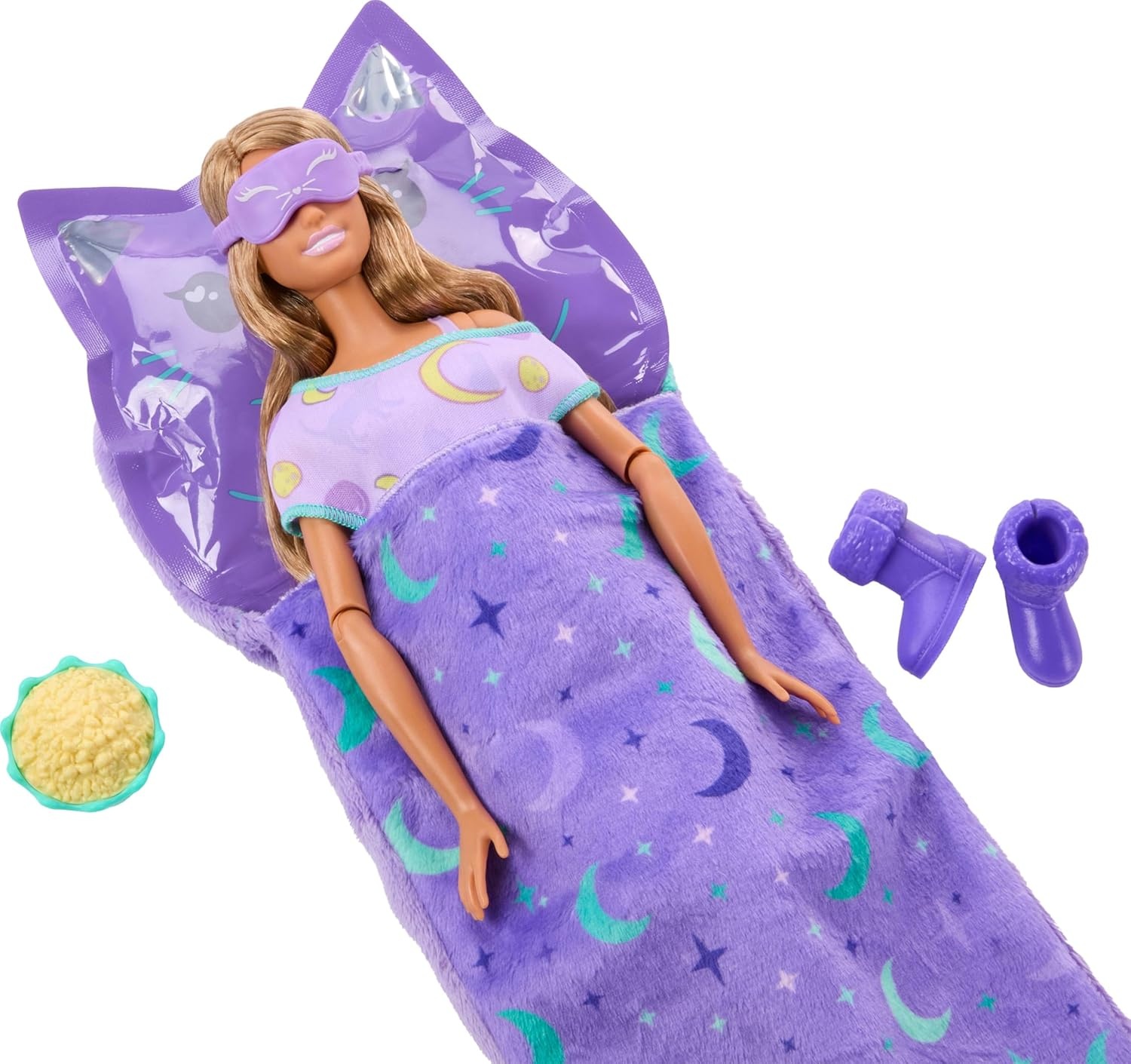 imageBarbie Party Unboxed Doll amp Accessories Sleepover Reveal Series with 7 Surprises Including GlowinTheDark Activity Blue Pajama DollPurple