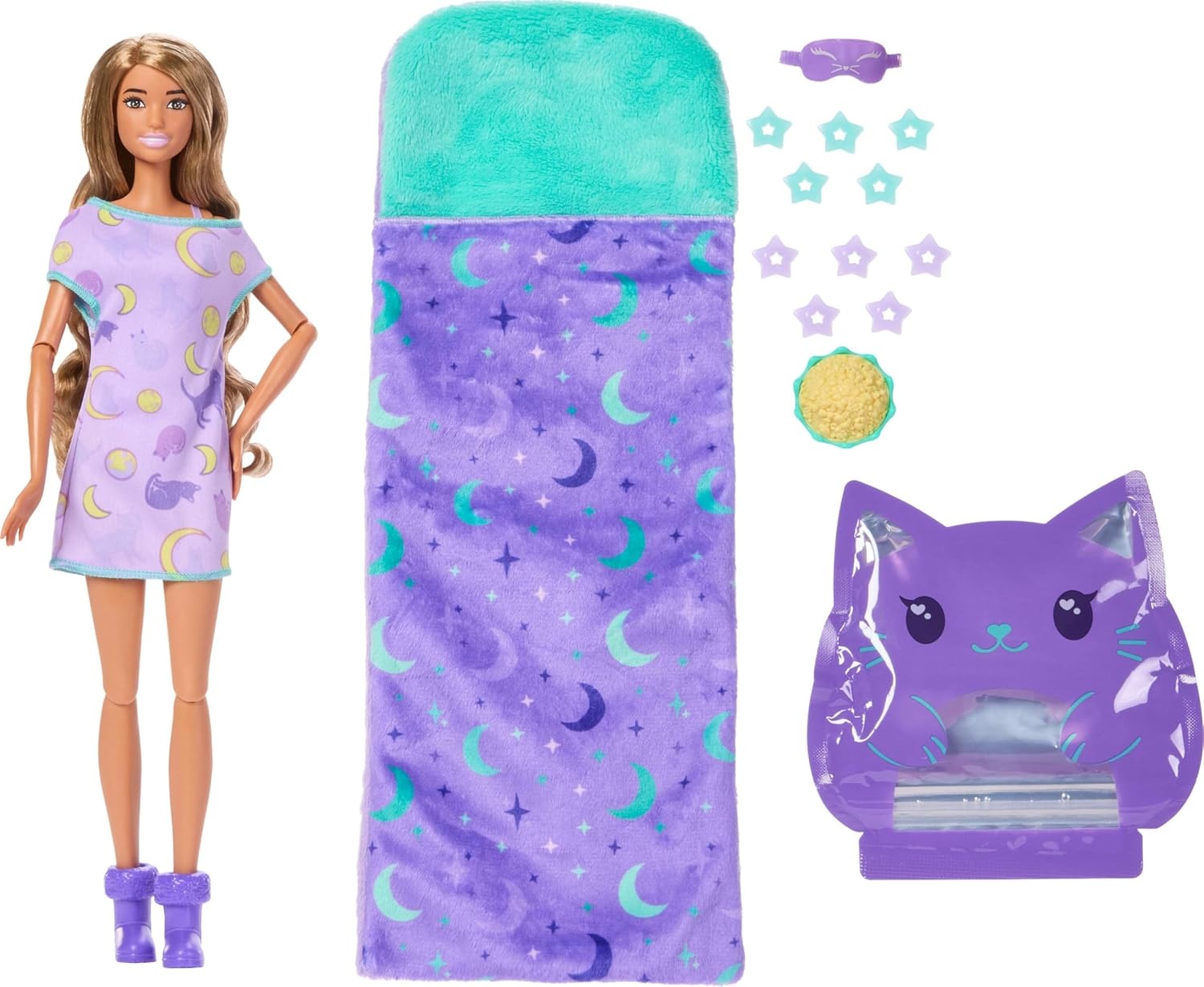 imageBarbie Party Unboxed Doll amp Accessories Sleepover Reveal Series with 7 Surprises Including GlowinTheDark Activity Blue Pajama DollPurple