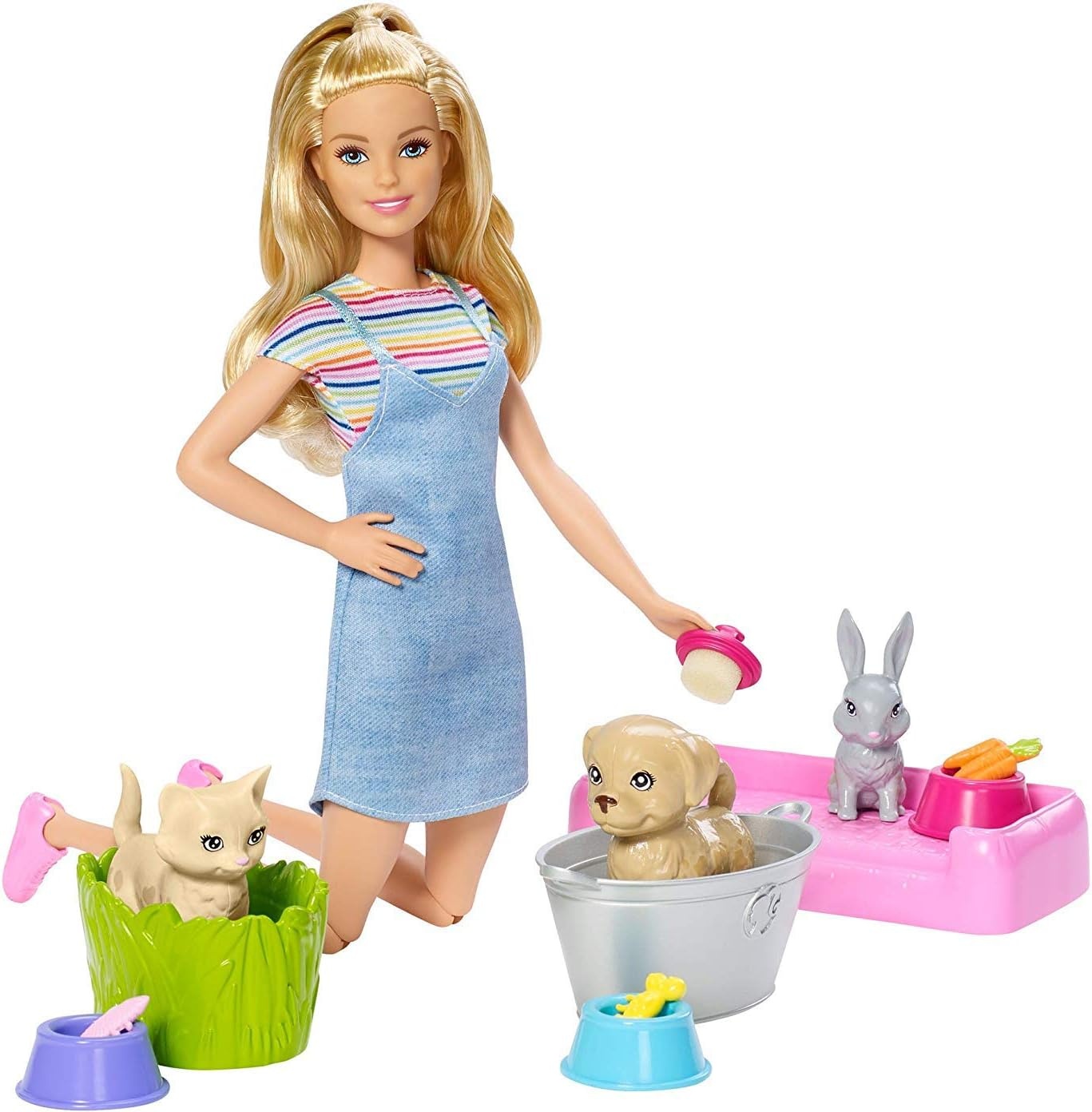 imageBarbie Play n Wash Pets Playset with 3 ColorChange Animals amp 10 Toy Accessories Blonde Fashion Doll with Blue EyesBlonde