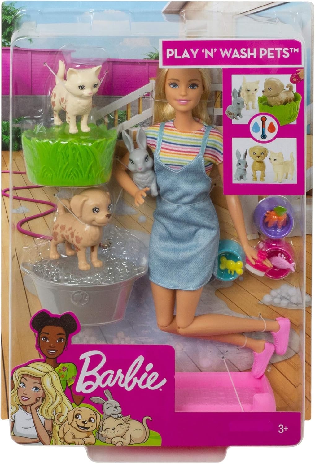 imageBarbie Play n Wash Pets Playset with 3 ColorChange Animals amp 10 Toy Accessories Blonde Fashion Doll with Blue EyesBlonde