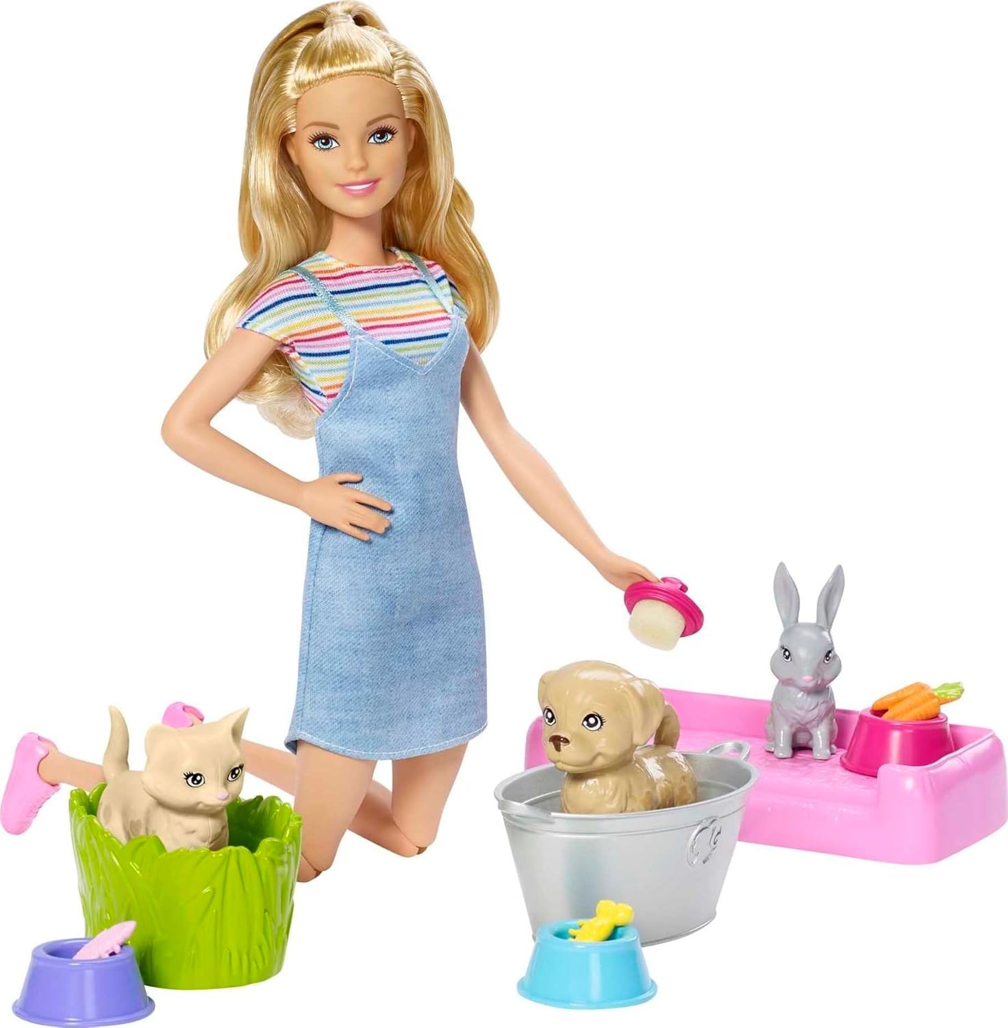 imageBarbie Play n Wash Pets Playset with 3 ColorChange Animals amp 10 Toy Accessories Blonde Fashion Doll with Blue EyesBlonde