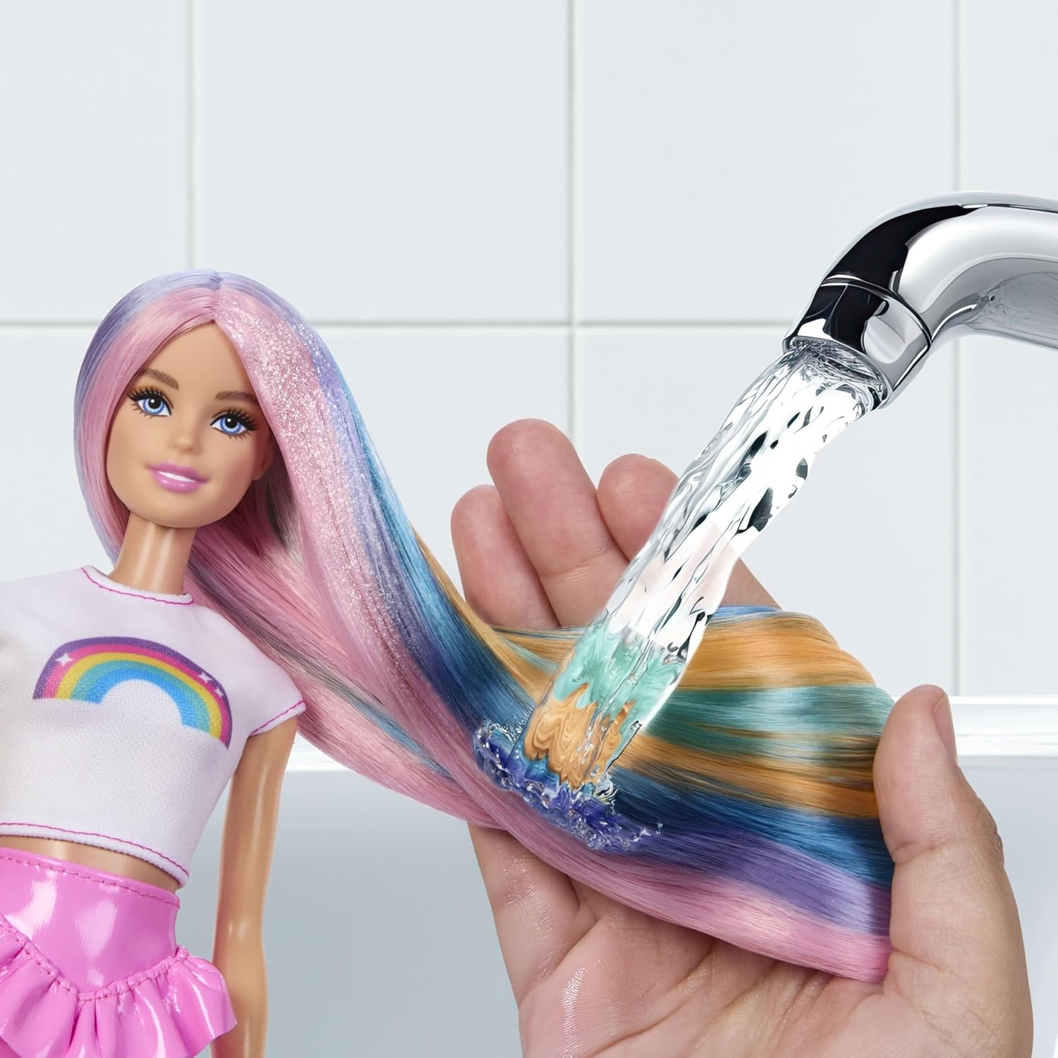 imageBarbie Rainbow Sparkle Hair Doll ExtraLong and Colorful Hair with 12 Styling Accessories Like Glitter Tube Brush Clips Dryer and MoreBarbie 1