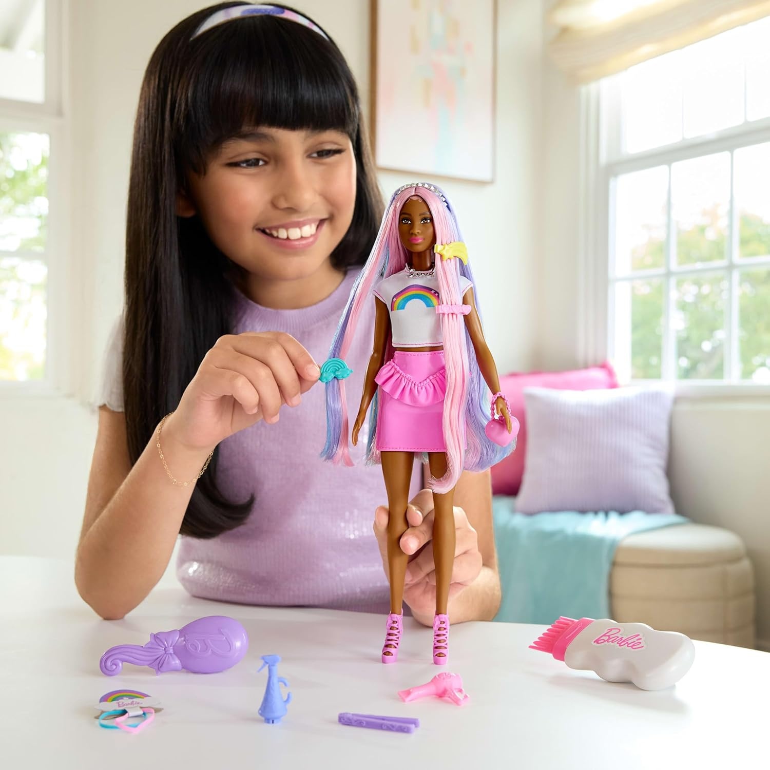 imageBarbie Rainbow Sparkle Hair Doll ExtraLong and Colorful Hair with 12 Styling Accessories Like Glitter Tube Brush Clips Dryer and MoreBarbie 2