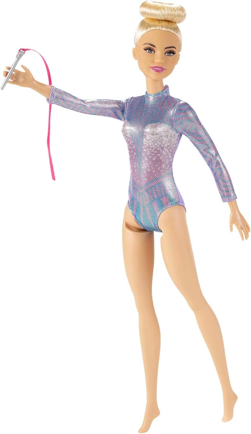 imageBarbie Rhythmic Gymnast Blonde Doll 12in3040cm with Colorful Metallic Leotard 2 Clubs amp Ribbon Accessory Great Gift for Ages 3 Years Old amp Up