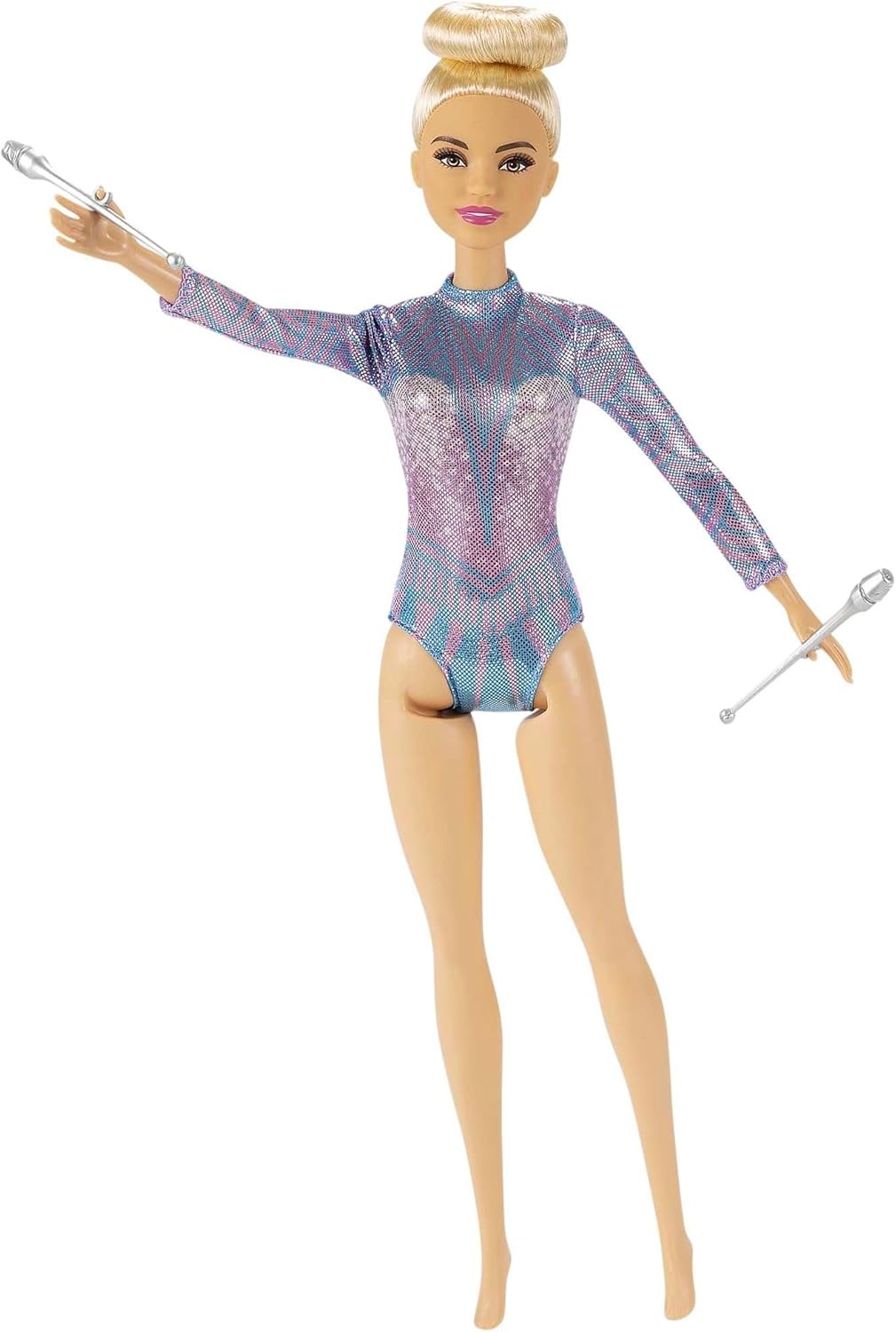 imageBarbie Rhythmic Gymnast Blonde Doll 12in3040cm with Colorful Metallic Leotard 2 Clubs amp Ribbon Accessory Great Gift for Ages 3 Years Old amp Up
