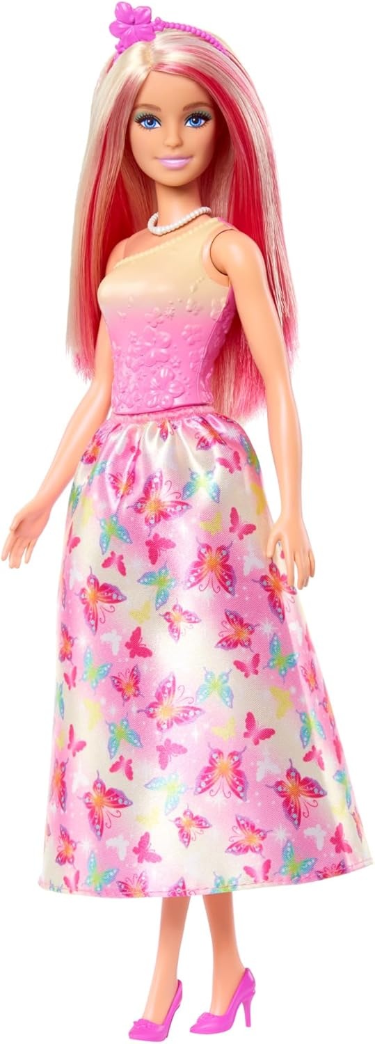 imageBarbie Royal Doll with Pink amp Blonde Fantasy Hair Colorful Accessories Pink Ombre Bodice amp ButterflyPrint SkirtMulticolor