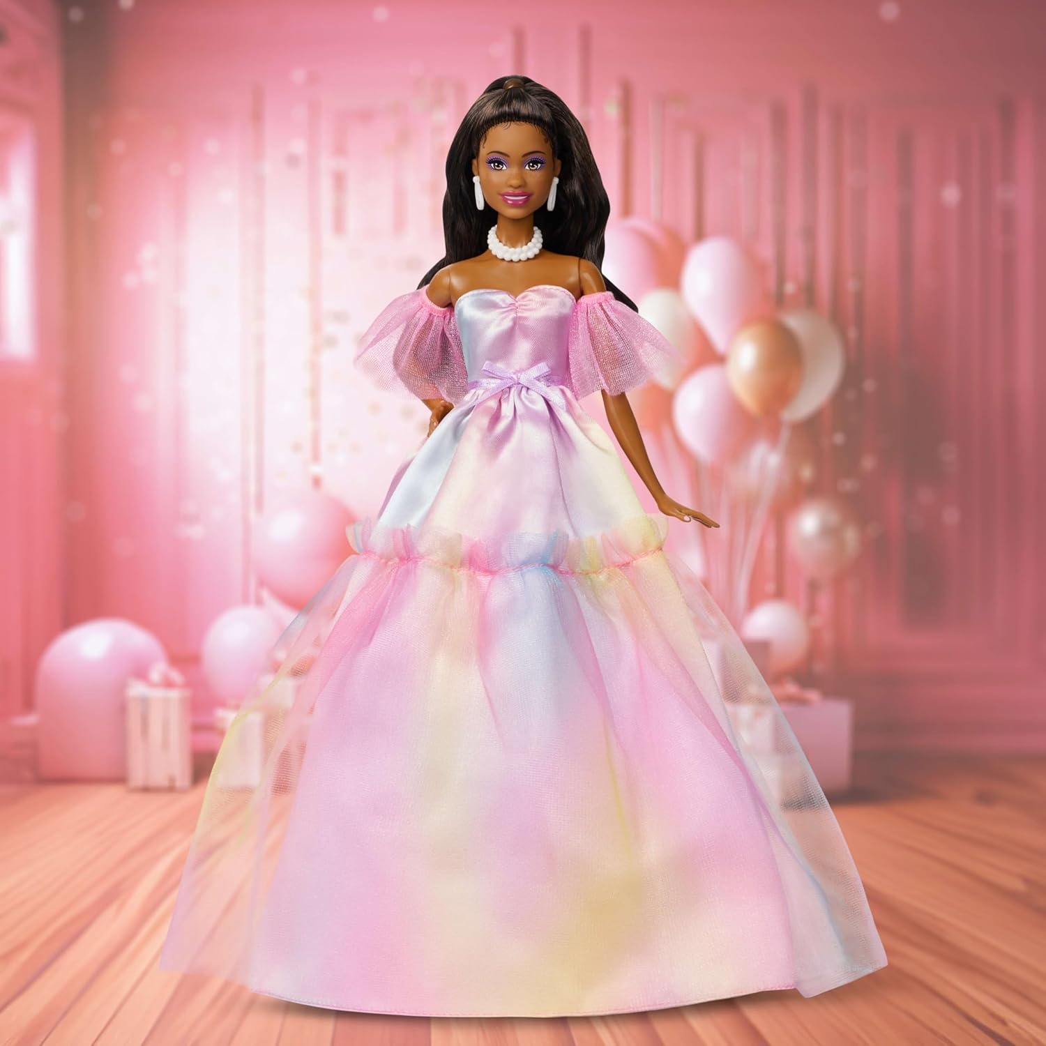 imageBarbie Signature Birthday Wishes Fashion Doll with Black Hair in Dress with Pastel Rainbow Effect Collectible Toy with Giftable Packaging