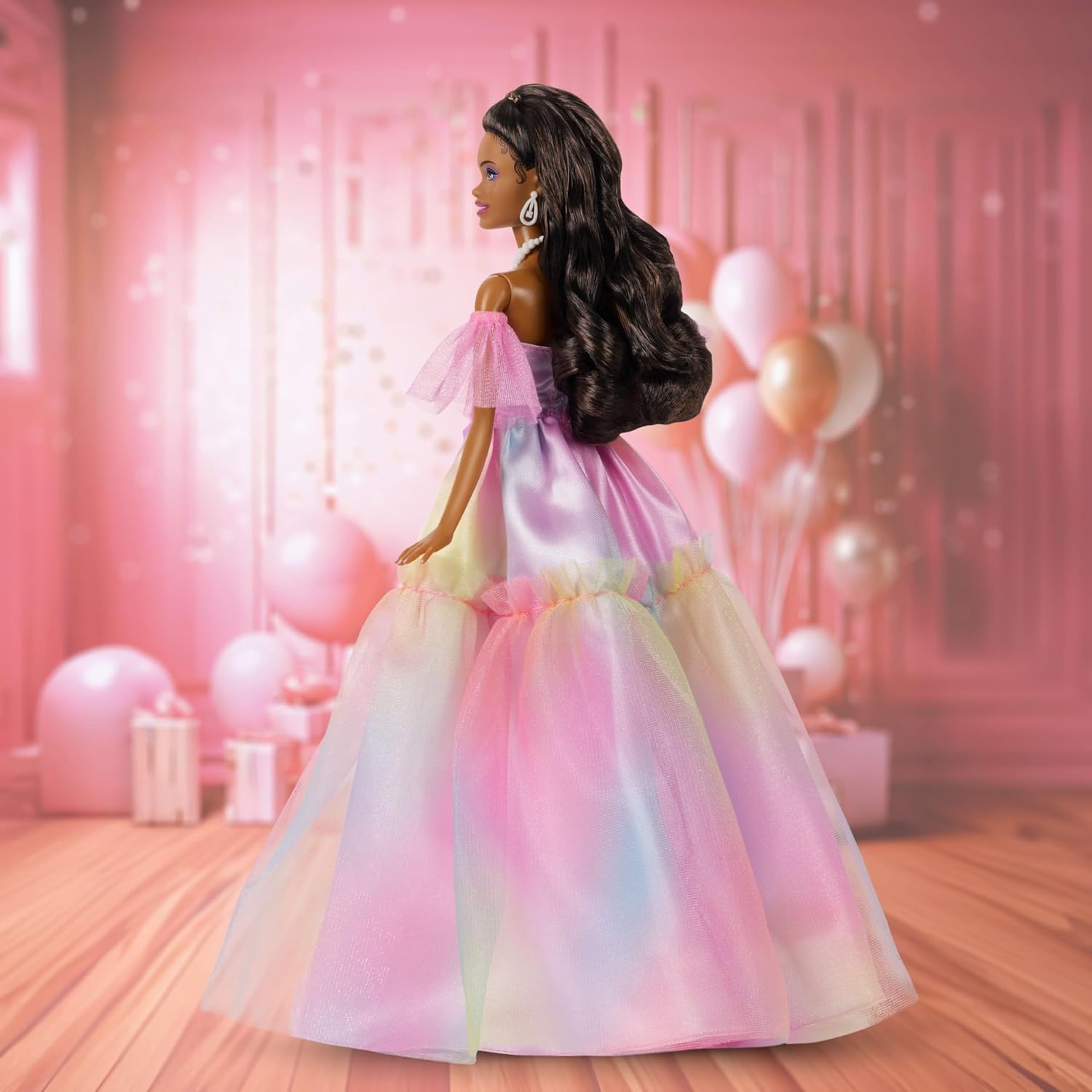 imageBarbie Signature Birthday Wishes Fashion Doll with Black Hair in Dress with Pastel Rainbow Effect Collectible Toy with Giftable Packaging