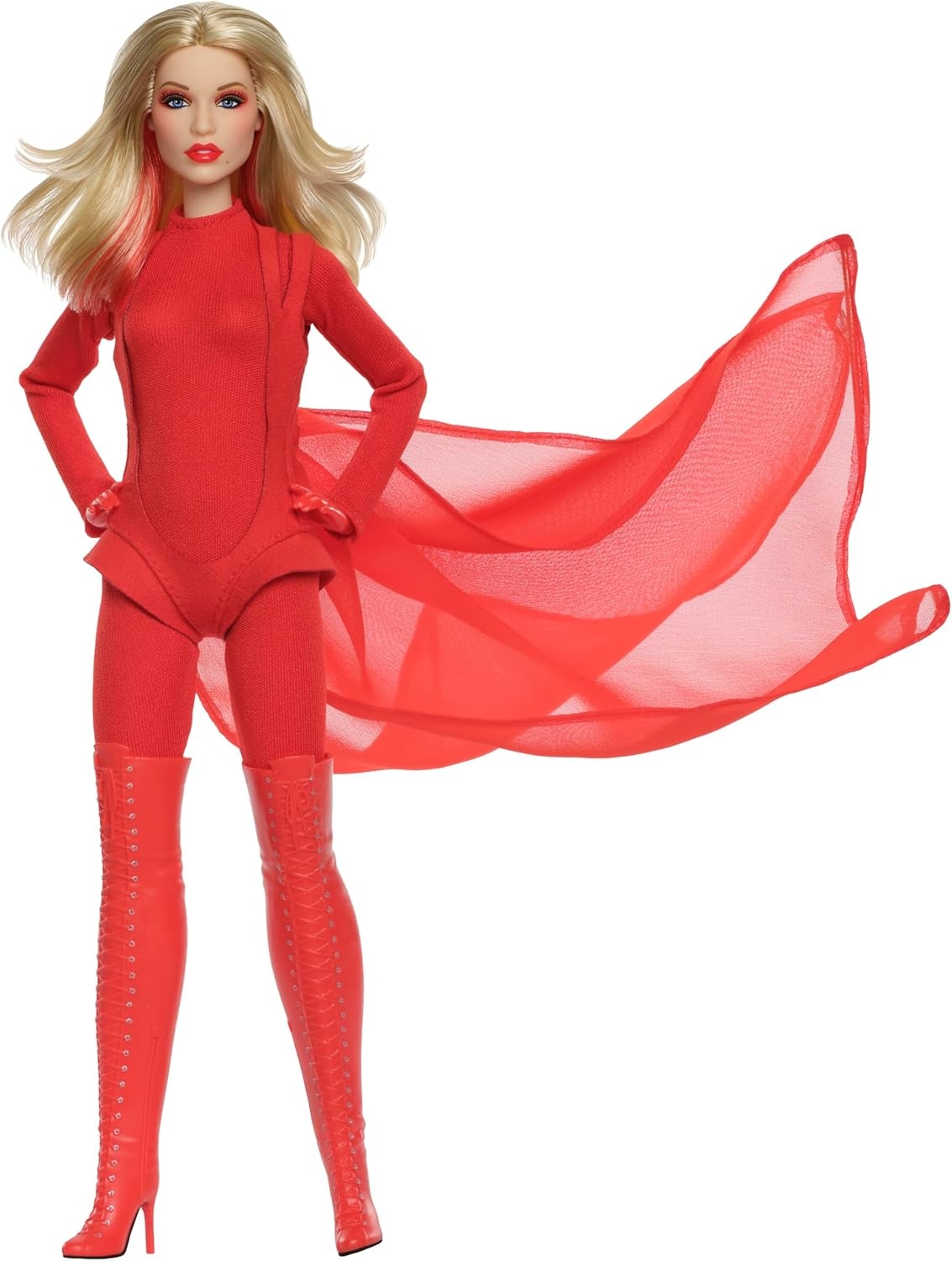 imageBarbie Signature Doll Kylie Minogue Posable Collectible in Padam Padam Music Video Outfit with Red Bodysuit Chiffon Cape and LaceUp Boots
