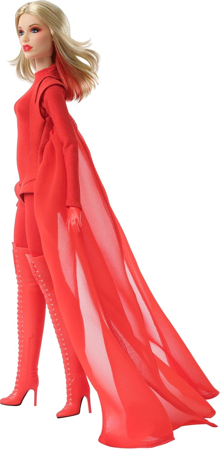 imageBarbie Signature Doll Kylie Minogue Posable Collectible in Padam Padam Music Video Outfit with Red Bodysuit Chiffon Cape and LaceUp Boots