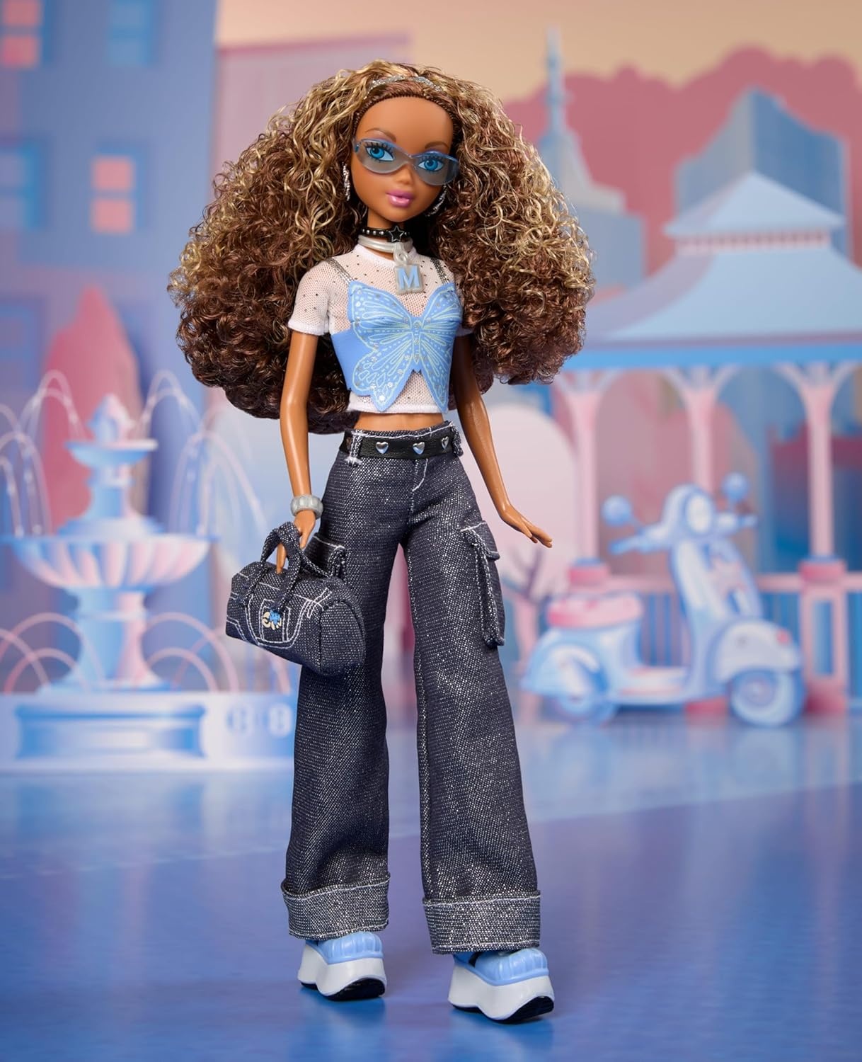 imageBarbie Signature My Scene Madison Doll amp Accessories Y2KInspired Outfit with Butterfly Top Cargo Jeans Denim Bag amp Display Stand