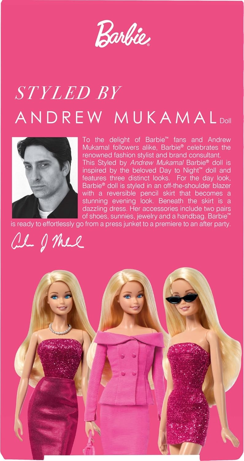 imageBarbie Signature Styled by Andrew Mukamal Fashion Doll Collectible with 3 DaytoNight Looks amp Accessories Includes Stand