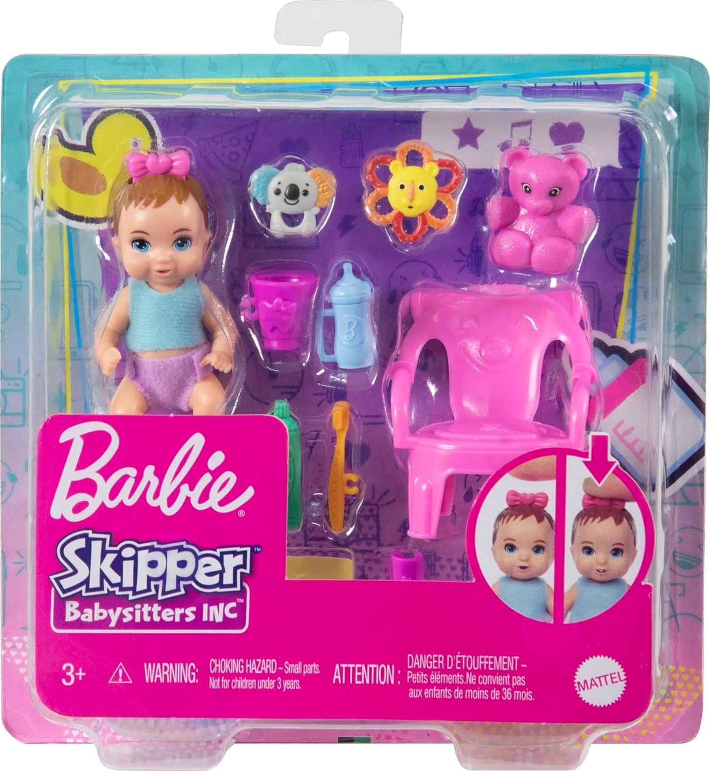 imageBarbie Skipper Babysitters Inc Baby Small Doll amp Accessories First Tooth Playset with Appearing amp Disappearing ToothHigh Chair